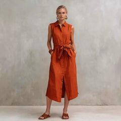 Casual Cotton-Linen Bag-Style Solid-Colored Sleeveless Dress