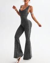 Leopard Print Criss-Cross Backless Seamless Flared Jumpsuit