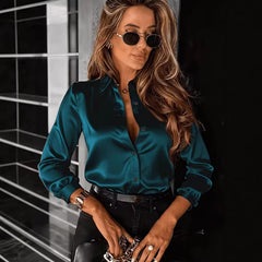 Commuter Drapey Satin Long-Sleeve Lapel Shirt For Women