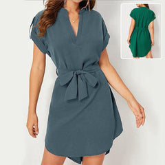 V-neck Short Sleeve Dress With Belt Bowknot Dresses For Clothing