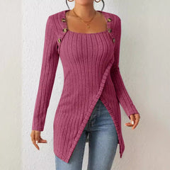 Square Collar Irregular Knitted Top With Button Design Solid Long-sleeved Long Top For Clothing