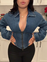 Denim Collar Solid Corset Zipper Jacket