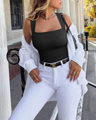 Ribbed Strappy Square Neck Sleeveless Tummy Control Tank Tops Bodysuits