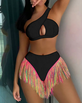 Solid Color Fringe Hem Bikini Set Casual Stylish Chic Swimsuit For Beach Vacation Swimwear For All Seasons
