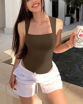 Ribbed Strappy Square Neck Sleeveless Tummy Control Tank Tops Bodysuits