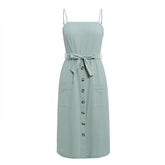 solid color button cotton strap bow A-line dress