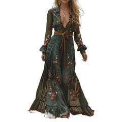 Fall Maxi Dress For Bohemian Retro Floral Print Sheer Sleeve Long Flowy Shirt Dress, Belt Not Included