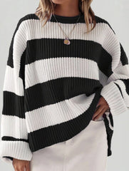 Loose Striped Sweater Casual Long Batwing Sleeve Round Neck Pullover Knit Tops Clothing