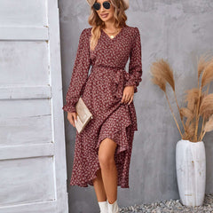 Flowers Print Long Sleeve Dress Ruffled Commuter Temperament Dresses Womens Clothing