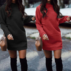 Sweater dress round neck solid color long-sleeved dress