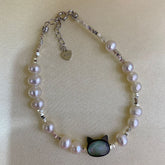 Cute Cat Freshwater Pearl Small Silver Bracelet
