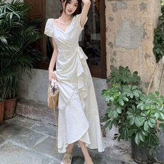 White V Neck Lace Up Short Sleeve Dress