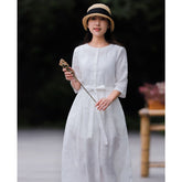 Spring And Literary Leisure Round Neck Linen Embroidered Dress Women