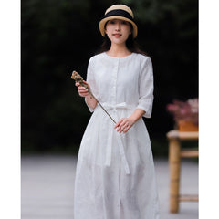Spring And Literary Leisure Round Neck Linen Embroidered Dress Women