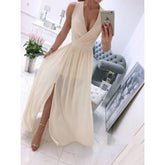 Sleeveless And Ankle Skirt Solid Color V-neck Front Split Long Dress