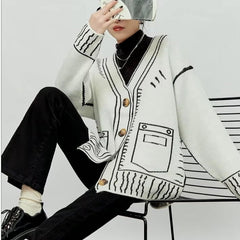 2D Drawing Print Intarsia Cardigan - 2 Colors