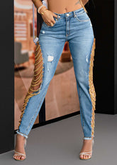 High Rise Destroyed Trendy Chain Raw Hem Lace Up Sides Zipper Button Denim Jeans