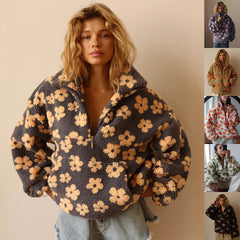 Flowers Lambskin Sweatshirt With Big Pocket Casual Loose Zip-up Lapel Pullover Top Clothing