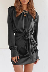 Satin Long Sleeve Round Neck Tied Elegant Cocktail Party Dress