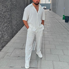 Leisure Loose Beachwear Solid Color Striped Short Sleeve Suit Southeast Asian Men's Shirt Two-piece Set