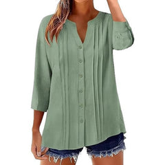 Pleated Casual Solid-Color Loose Cotton-Linen Shirt