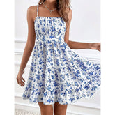 Womens Floral Print Smocked Mini Dress Sleeveless Spaghetti Strap Slim Fit Flowy Dresses
