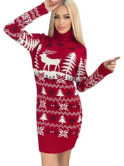 Elk Christmas Tree Jacquard Long Sleeve Dress Sweater
