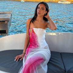 Floral Print Tube Top Slit Bodycon Mesh Dress For Women