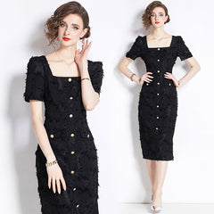French Hepburn Style Vintage Black Dress �Elegant Tassel Detail