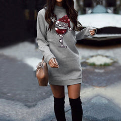 Round Neck Printed Long-sleeved Midi Skirt