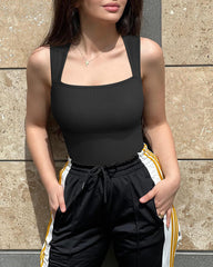 Ribbed Strappy Square Neck Sleeveless Tummy Control Tank Tops Bodysuits