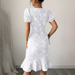 Floral Jacquard Dress Short Puff Sleeve Crew Neck Ruffle Hem Bodycon Dresses