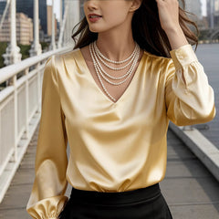 Elegant Solid Color V-neck Long Sleeved Pleated Top With Temperament For Commuting And Loose Fitting Shirt