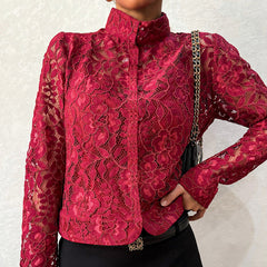 Lace Blouse For Cardigan-style Top With A Stand-up Collar