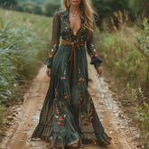 Fall Maxi Dress For Bohemian Retro Floral Print Sheer Sleeve Long Flowy Shirt Dress, Belt Not Included