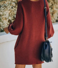 And Style Solid Color Pocket Sweater Dress
