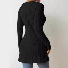 Square Collar Irregular Knitted Top With Button Design Solid Long-sleeved Long Top For Clothing