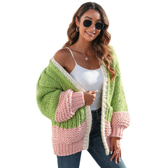 Thick Sweater Idle Style Contrast Color Knitted Cardigan For Women