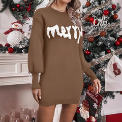 Knitted Round Neck Lantern Sleeve Pullover Sheath Dress