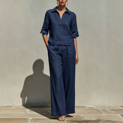 Solid-Colored Casual Linen Two-Piece Set