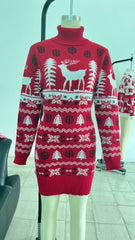 Elk Christmas Tree Jacquard Long Sleeve Dress Sweater