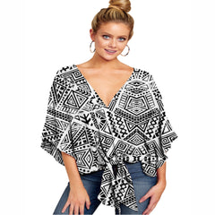 V Neck Blouse Leopard Print Shirts Floral Tie Front Blouses Batwing Oversize Ladies Tops