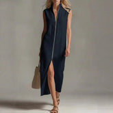 Sleeveless Zippered Stand Collar Slit Casual Dress