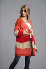 Mid-length Knitted Cardigan Loose Striped Rainbow Sweater