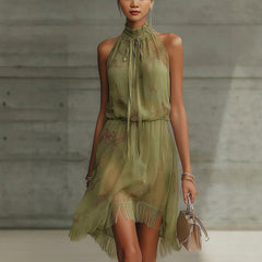 V-neck Waist Trimming Ruffles Elegant Dress