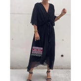 Batwing Sleeve V-neck Dress Pure Color Tied Irregular Long Dresses Womens Clothing