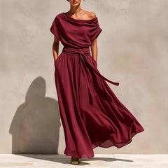 Short-sleeve Pleated Chiffon Waist-cinching Dress