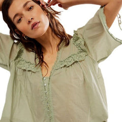 Lace-trimmed Collar Loose-fitting Pleated Top For Women