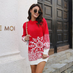 Christmas Snowflake Sweater Dress Loose Pullover Knitted Dresses Fall Clothing