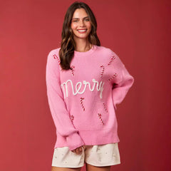 Christmas Embroidered Long Sleeve Pullover Round Neck Loose Top